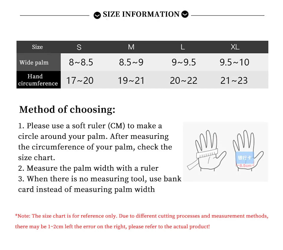 Product information card for cycling windproof and warm gloves with size chart and method of choosing.