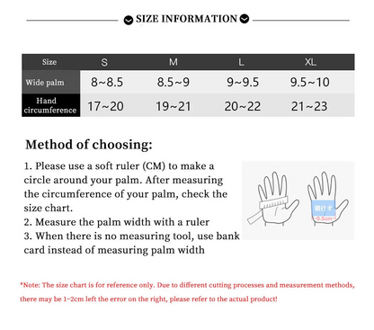 Product information card for cycling windproof and warm gloves with size chart and method of choosing.