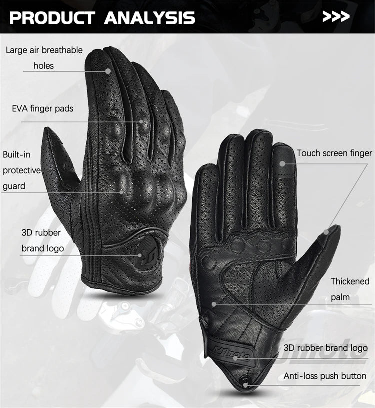 Retro Leather Motorcycle Gloves – Full Finger Protective & Breathable Moto Gloves