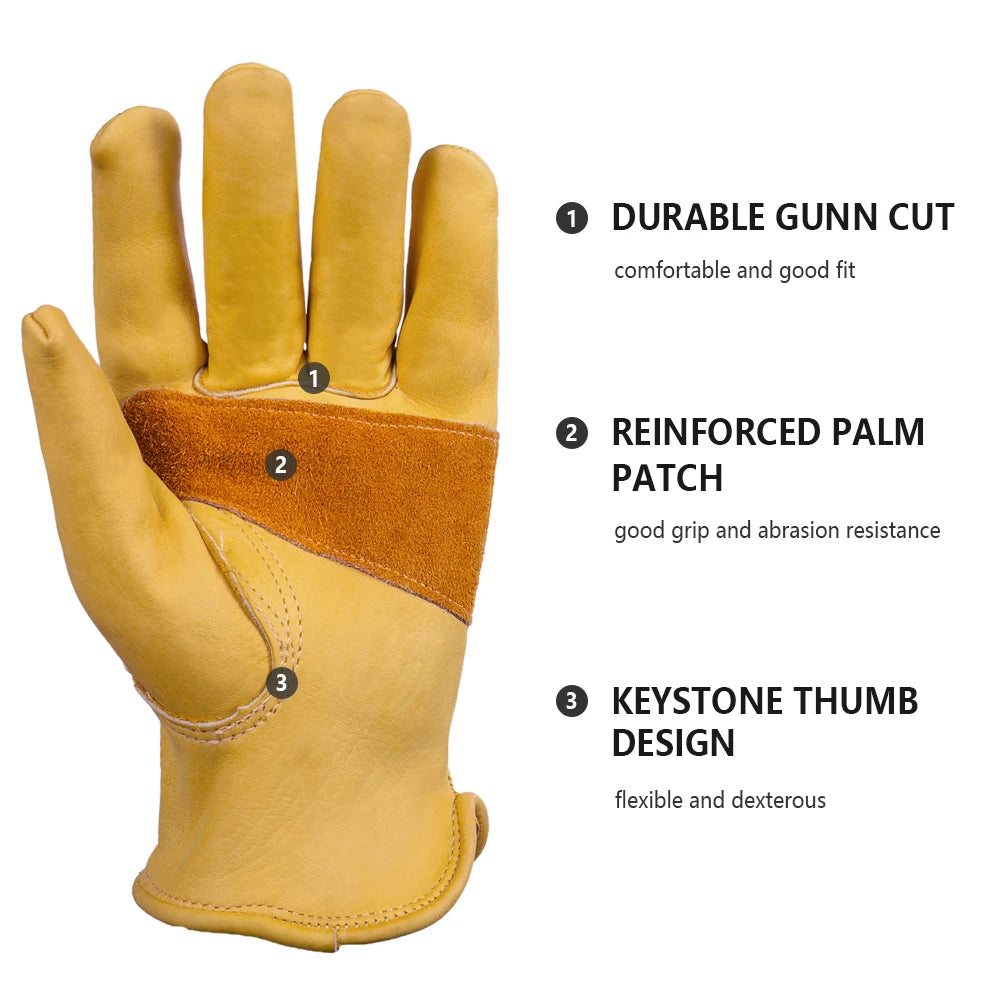 Leather Work Gloves for Men – Heavy Duty Yellow Cowhide Safety Gloves