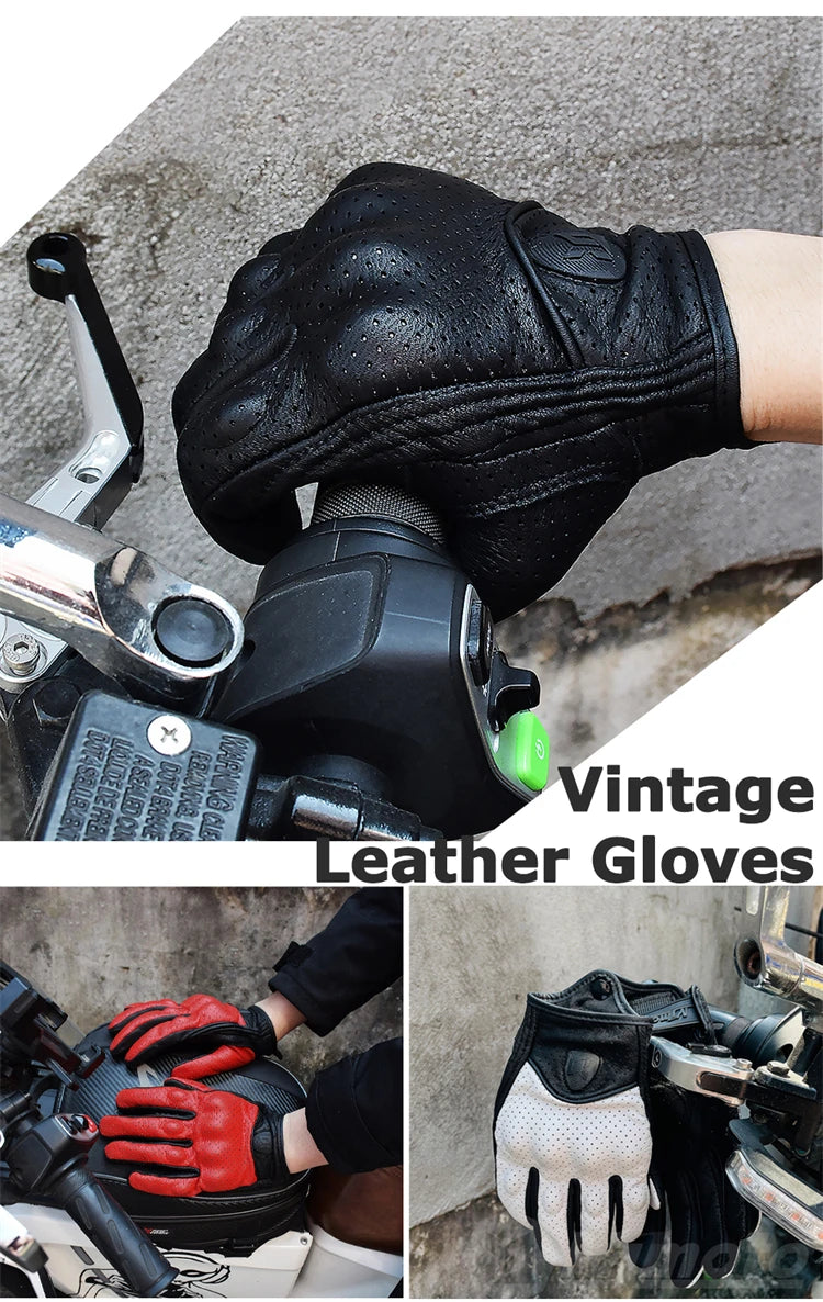 Retro Leather Motorcycle Gloves – Full Finger Protective & Breathable Moto Gloves