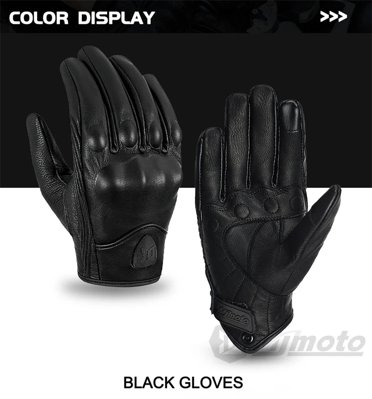 Retro Leather Motorcycle Gloves – Full Finger Protective & Breathable Moto Gloves