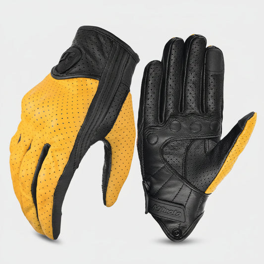 Retro-style leather motorcycle gloves by MJMOTO in yellow and red, featuring full-finger design, touchscreen compatibility, breathable sheepskin material, and EVA shell protection for comfort and durability.